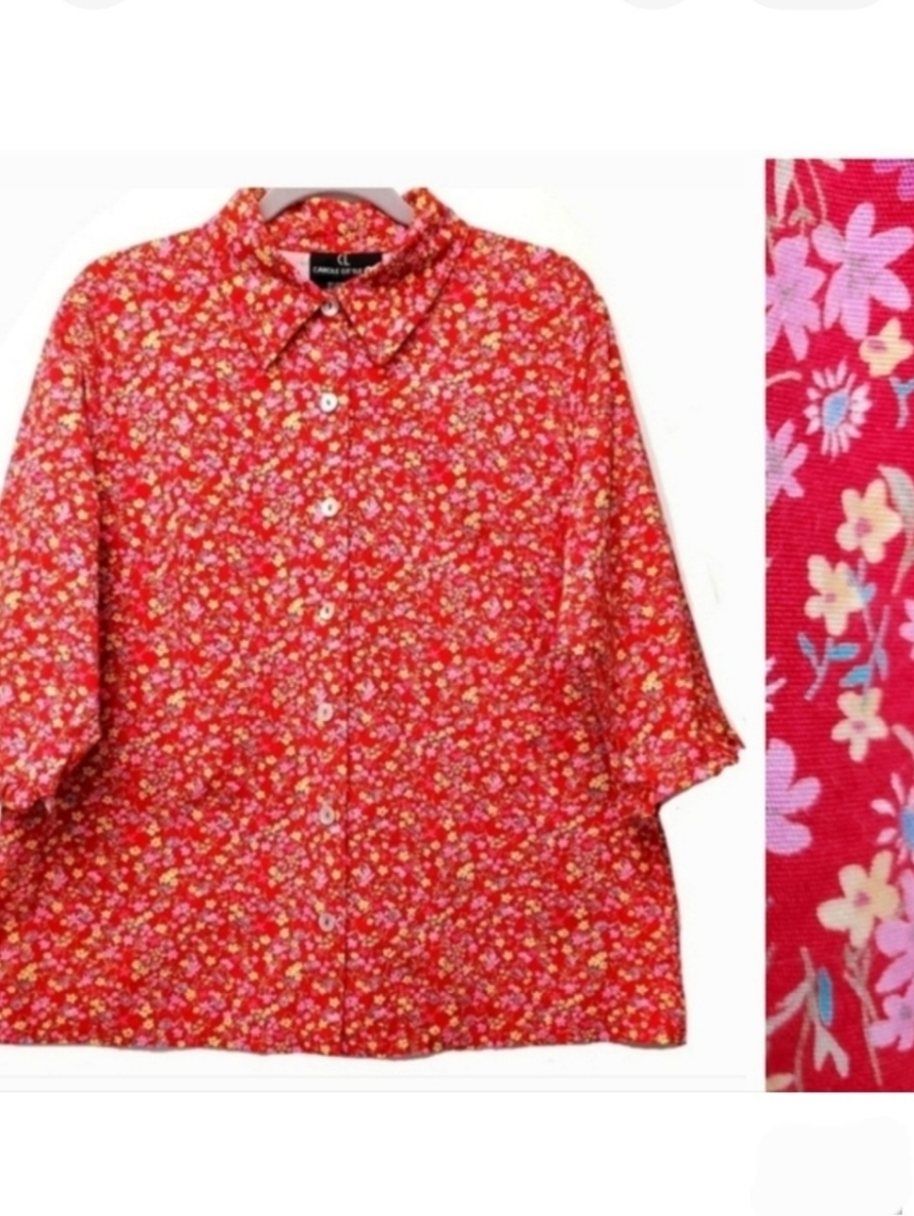 Vintage Carole Little Ditzy Floral Red Cotton Button Up Top Size 14 Cottagecore